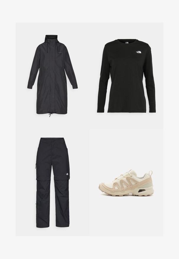 Black long coat with a high collar, adjustable drawstrings, side pockets, and elastic cuffs. Made from smooth, waterproof material.; Black long-sleeve t-shirt made of cotton with a round neck. Features a small white logo on the left chest area. Simple design and fit.; Black nylon zip-off cargo trousers with adjustable cuffs, multiple pockets, and a logo on the right leg. Smooth, lightweight texture.; Beige and cream athletic shoe with textured mesh upper, supportive overlays, and rubber outsole featuring a tread pattern for traction.