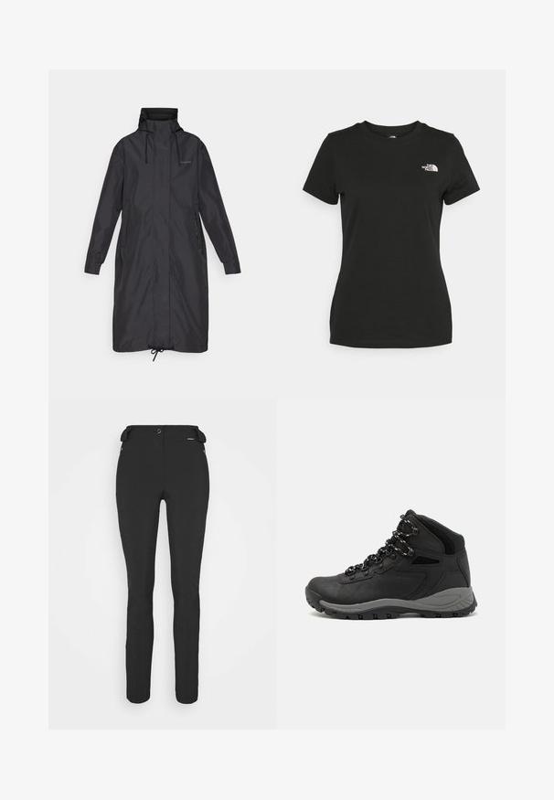 Czarny długi płaszcz z wysokim kołnierzem, regulowanymi sznurkami, bocznymi kieszeniami i elastycznymi mankietami. Wykonany z gładkiego, wodoodpornego materiału.; Czarna bawełniana koszulka z okrągłym dekoltem i krótkimi rękawami. Wyróżniające się białe logo na górnej lewej stronie. Gładka tekstura, luźny krój.; Czarne, dopasowane spodnie wykonane z elastycznego materiału. Cechy to kieszeń boczna na zamek, strefowe kolana oraz gładka faktura.; Czarne buty trekkingowe z średnim cholewem, z teksturowaną cholewą, szarymi akcentami oraz trwałą gumową podeszwą z wypustkami zapewniającymi przyczepność.