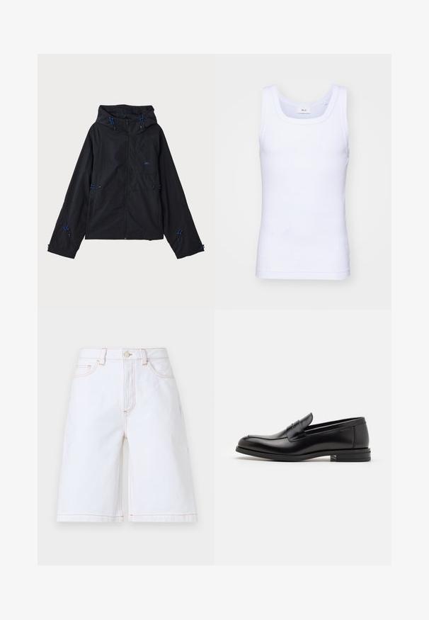 Juodas lengvas džemperis su gobtuvu, turintis mėlynus akcentus, raištelius ir užtrauktuką. Pagamintas iš vandeniui atsparios medžiagos.; Balti medvilninė be rankovių marškinėliai su apvaliu iškirpimu, pasižymintys lygiu tekstūru ir prigludusia forma, skirti kasdieniam dėvėjimui.; Balti džinsiniai šortai su tiesiu pjūviu, penkiomis kišenėmis ir kontrastine smėlio spalvos siuvinėjimu. Su priekine saga ir užtrauktuku.; Juodos odinės loafers, turinčios lygų paviršių, apvalią noselę ir dekoratyvinę juostą per priekinę dalį. Žemas krentantis kulnas, minimalistinis dizainas.