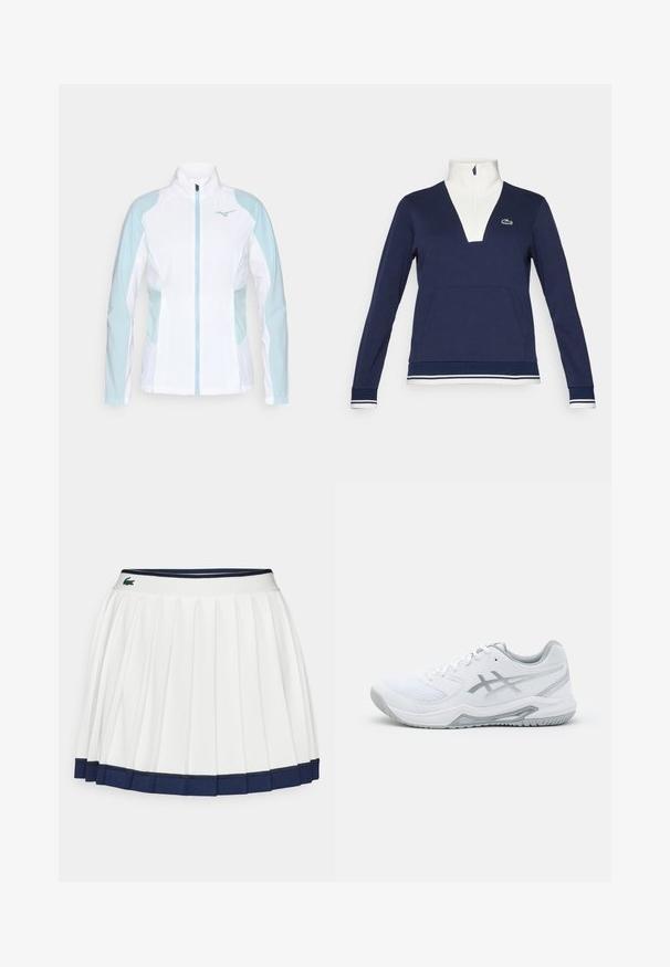 Weiße Sportjacke mit hellblauen Akzenten, ausgestattet mit einem Reißverschluss, hohem Kragen und elastischen Bündchen, aus einem glatten, leichten Stoff gefertigt.; Marineblauer Halbreißverschluss-Pullover aus Textil, mit weißem Kragen und Bündchen, Kängurutasche und grünem Lacoste-Logo.; Weißer Faltenrock mit einem marineblauen Taillenbund und Saum. Aus weichem Stoff gefertigt, mit horizontalen Streifen am Taillenbund, der für Komfort sorgt.; Weißer Sportschuh aus Mesh und synthetischen Materialien, mit grauen Akzenten und Schnürsenkeln, strukturiertem Sohlen, gebogenem Design und Logodetails.