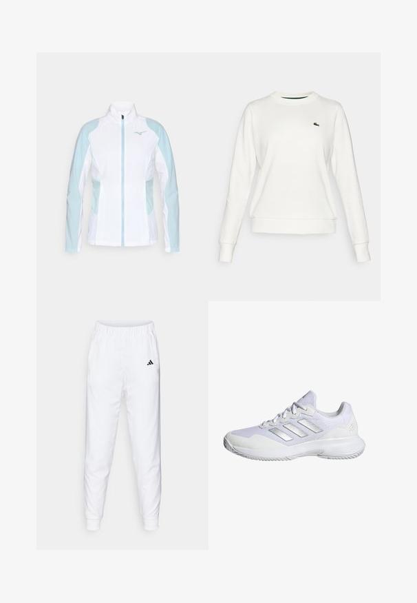 Witte sportjack met lichtblauwe accenten, voorzien van een ritssluiting, hoge kraag en elastische manchetten, gemaakt van een gladde, lichte stof.; Witte sweatshirt met een ronde hals, lange mouwen en geribde manchetten. Heeft een klein groen geborduurd Lacoste-logo op de linkerborst.; Witte sportbroeken met elastische tailleband en boorden. Voorzien van zijzakken en een klein zwart logo op de linkerdij. Gladde stofafwerking.; Witte sportieve schoen met bovenwerk van mesh, textuurpanelen en zilveren accenten. Voorzien van een gevoerde zool en een ronde neusontwerp.