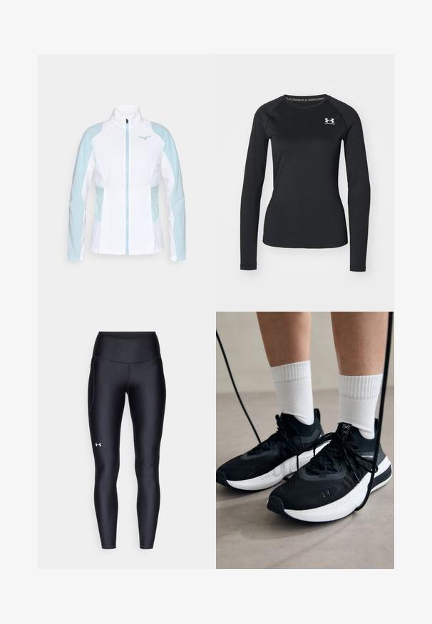 Balta sportinė striukė su šviesiai mėlynais akcentais, su užtrauktuku, aukštu apykakle ir elastingais rankogaliais, pagaminta iš lygaus, lengvo audinio.; Juoda ilgarankovė sportinė marškinėlė, pagaminta iš lygaus audinio, su apvaliu kaklu ir maža balta logotipu kairėje krūtinės pusėje.; Juodos leggingai, pagaminti iš lygaus, elastingo audinio su aukštu juosmeniu. Kairiajame šlaunyje yra baltas logotipas ir tvirta konstrukcija.; Juodi sportiniai batai su tekstūruotu audiniu, balta padu ir juodais raiščiais. Dėvimi su baltais raištiniais kojiniais, stovint lengvame paviršiuje.