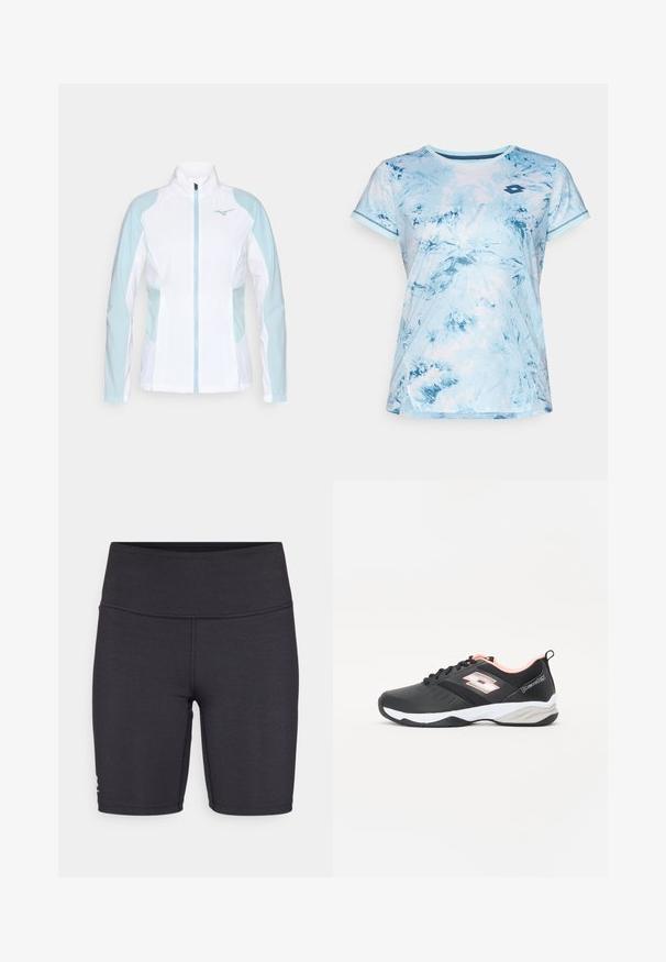 White athletic jacket with light blue accents, featuring a zip closure, high collar, and elastic cuffs, made from a smooth, lightweight fabric.; Light blue athletic t-shirt featuring a marble pattern in darker blue, short sleeves, crew neck, and subtle logo detail on the upper left.; Black athletic shorts made of stretchy fabric, featuring a high waistband and flatlock stitching details. Designed for comfort and mobility.; Black athletic shoe with mesh upper, white and light pink accents, lace-up design, and textured sole for grip. Lightweight and flexible.