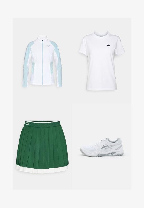 Balta sportinė striukė su šviesiai mėlynais akcentais, su užtrauktuku, aukštu apykakle ir elastingais rankogaliais, pagaminta iš lygaus, lengvo audinio.; Balta medvilnės marškinėliai su apvaliu kaklu, trumpomis rankovėmis ir mažuoju tamsiai mėlynu logotipu kairėje krūtinės pusėje. Lygi tekstūra, laisvalaikio dizainas.; Žalia plisuota sijonas su tekstūruotu juosmeniu. Savybės: baltos detalės ant apatinės krašto ir mažas prekės ženklas ant juosmens.; Baltasis sportinis batelis su tinklo ir sintetinėmis medžiagomis, turi pilkas akcentus ir raištelius, tekstūruotą padas, išlenktą dizainą ir logotipo detalę.