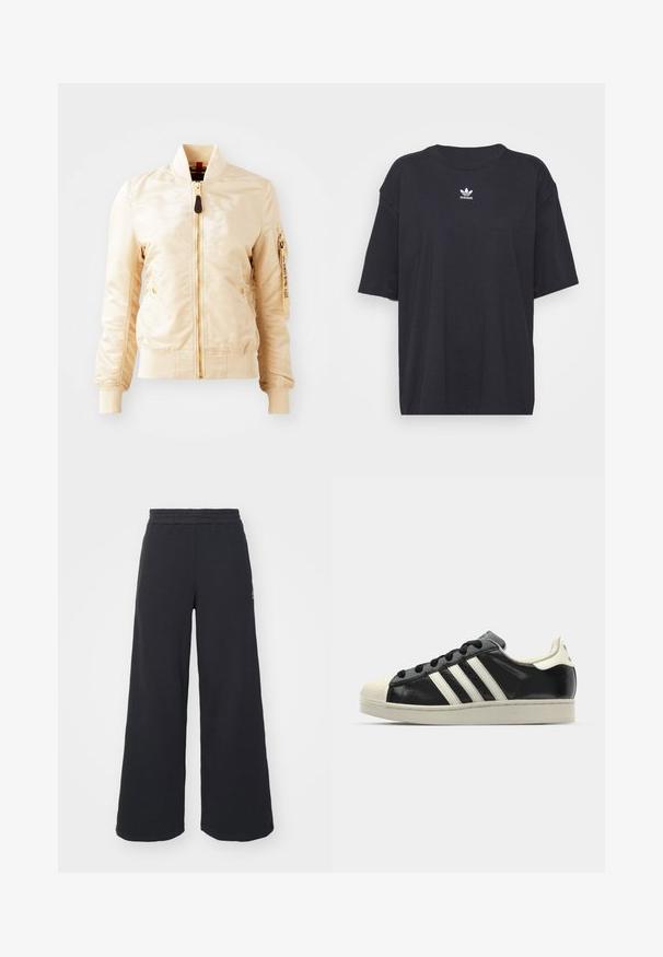 Jachetă bomber de culoare bej deschis, cu o textură netedă și lucioasă, închidere frontală cu fermoar, mansete ribbate și un buzunar cu fermoar pe mânecă stângă.; Tricou din bumbac negru cu mâneci scurte, gât rotund, prezentând un logo Adidas alb pe piept. Design simplu, croi lejer.; Pantaloni de trening negri, cu picioare largi, confecționați dintr-un material moale, având un talie elastică și un logo mic pe partea stângă.; Sneaker din piele neagră cu dungi albe, vârf din cauciuc, șireturi negre și talpă de culoare crem. Textură netedă cu finisaj strălucitor.