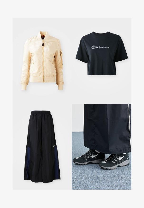 Casaco bomber bege claro com uma textura lisa e brilhante, fecho frontal com zíper, punhos canelados e um bolso com zíper na manga esquerda.; T-shirt preta de algodão, cortada, com mangas curtas, apresentando o texto branco "Vice Sportswear" e um gráfico circular na parte da frente.; Calças largas pretas feitas de tecido leve, com um painel lateral azul-marinho e cintura elástica. Pequeno logótipo branco na parte inferior.; Tênis atléticos pretos com um cabedal texturizado, detalhes prateados e um solado estampado, combinados com uma peça longa preta. Ambientado sobre um tapete azul.