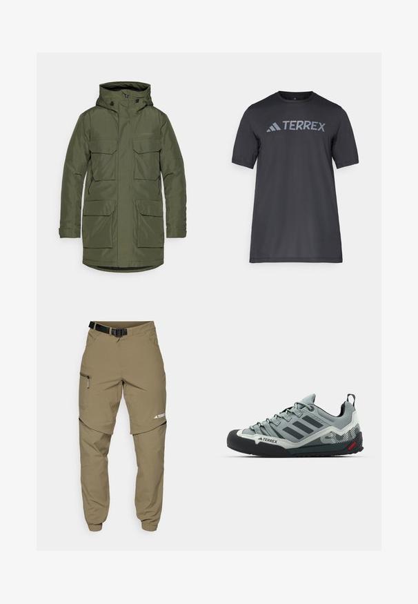 Groene, geïsoleerde parka jas met een capuchon. Vier opgestikte zakken aan de voorkant, verstelbare manchetten en een rechte snit.; Zwarte korte mouwen t-shirt van lichtgewicht stof, met een lichtgrijze "TERREX" logo over de borst en een ronde hals.; Khaki outdoor broek met een verstelbare zwarte riem, ritszakken, taps toelopende mouwen en afneembare onderbenen voor veelzijdige styling.; Grijze klimschroeve met een gestructureerde bovenkant, zwarte rubberen neuskap, drie donkere strepen en een klein rood accent op de zool.