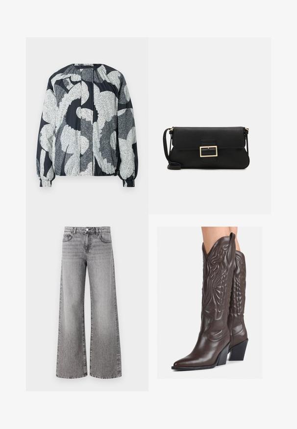 Marimekko SILMU UNIKKO - Lengva striukė - black\grey; Baltas be rankovių marškinėlis, pagamintas iš išklotinės medžiagos, su apvaliu iškirpimu ir prigludusia siluetu, minimaliais siūlais ir be dekoracijų.; Plati kojos džinsai iš pilkos džinsinio audinio su nudilusia apdaila. Yra klasikiniai kišenės ir mygtuko uždarymas ties juosmeniu.; Rudos odinės kaubojaus batai su smailiu priekiu ir blokuotu kulnu, pasižymintys detaliu siuvinėjimu ir iškiliais akcentais ant ašies.; Juodas odinis dėkliukas su atvarteliu ir auksinės metalinės sagties detalėmis. Įeina juodas diržas ir elegantiškas, minimalistinis dizainas.