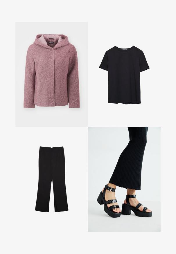 Vaalea roosa roiskeita sisältävä huppujakku, jossa on teksturoitu pinta, edessä nappikiinnitys ja kontrastivärinen vuori. Ominaisuuksiin kuuluu rento mitoitus ja pitkät hihat.; Yksinkertainen lyhythihainen musta puuvillapaidan t-paita, jossa on pyöreä kaula-aukko, esitetty valkoisella taustalla.; Mustat housut suoralinjaisella leikkauksella, joissa on etutaskut ja sivurei'ät helman alla. Valmistettu pehmeästä ja sileästä kankaasta. Sopii eri tilaisuuksiin.; Mustat alustossut, joissa on paksut, uritetut pohjat ja useita hihnoja, varustettuna metallisilla soljilla ja sileällä nahkamaisten materiaalien pinnalla.