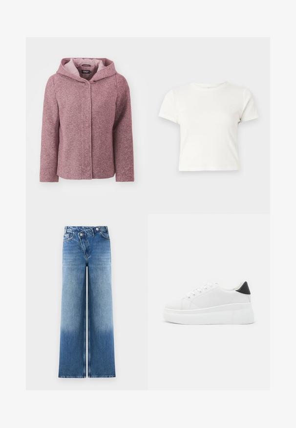 Roza kapuca z jopico s teksturirano površino, spredaj na gumb in s kontrastno notranjo oblogo. Ima sproščen kroj in dolge rokave.; Kratka bela majica iz bombaža s kratkimi rokavi, okroglim ovratnikom in ravnim robom, ki ima gladko teksturo in minimalističen dizajn.; Svetlo modri široki kavbojke z zbledelim videzom, ki vključujejo klasičen dizajn s petimi žepi in kovinske gumbe na pasu.; Bele platform tenisice izdelane iz gladkega sintetičnega materiala, z zaobljenim prstom, sistemom vezalk in teksturiranim gumijastim podplatom. Črn dodatek na peti.
