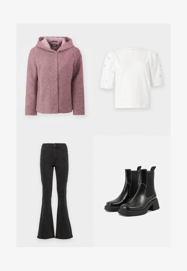 Vaalea roosa roiskeita sisältävä huppujakku, jossa on teksturoitu pinta, edessä nappikiinnitys ja kontrastivärinen vuori. Ominaisuuksiin kuuluu rento mitoitus ja pitkät hihat.; Valkoinen puuvillainen t-paita lyhyillä puffihihnoilla, joissa on pieniä hopeisia koristeita hihojen varrella. Klassinen pyöreä kaula-aukko, rento malli.; Mustat denim-flares-housut, joissa on korkea vyötärö. Sivusaumat ja siisti viimeistely helmassa. Kangas on sileä ja siinä on hieman venyvyyttä.; Mustat nahkaiset Chelsea-kengät paksulla korolla, joustavilla sivupaneeleilla ja kontrastilla valkoisella ompelulla. Teksturoitu pinta.