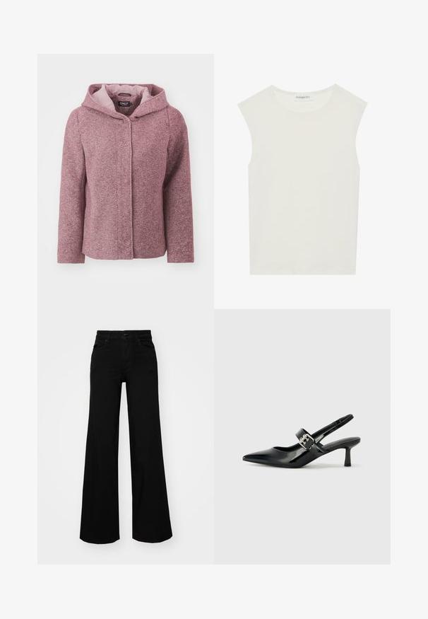 Różowa kurtka z kapturem, zdobiona drobnymi plamkami, o teksturowanym wykończeniu, zapinana na guziki z przodu oraz kontrastową podszewką. Charakteryzuje się luźnym krojem i długimi rękawami.; Biała bezrękawnik z okrągłym dekoltem. Wykonana z gładkiego materiału, ma luźny krój i minimalistyczny design. Bez wzorów ani akcentów.; Czarne szerokie spodnie dżinsowe z usztywnionym pasem, szlufkami na pasek i kieszeniami z przodu. Gładka faktura o klasycznym fasonie.; Czarne lakierowane szpilki slingback z wąskim noskiem i małym słupkiem, z ozdobnym srebrnym klamrą na pasku.