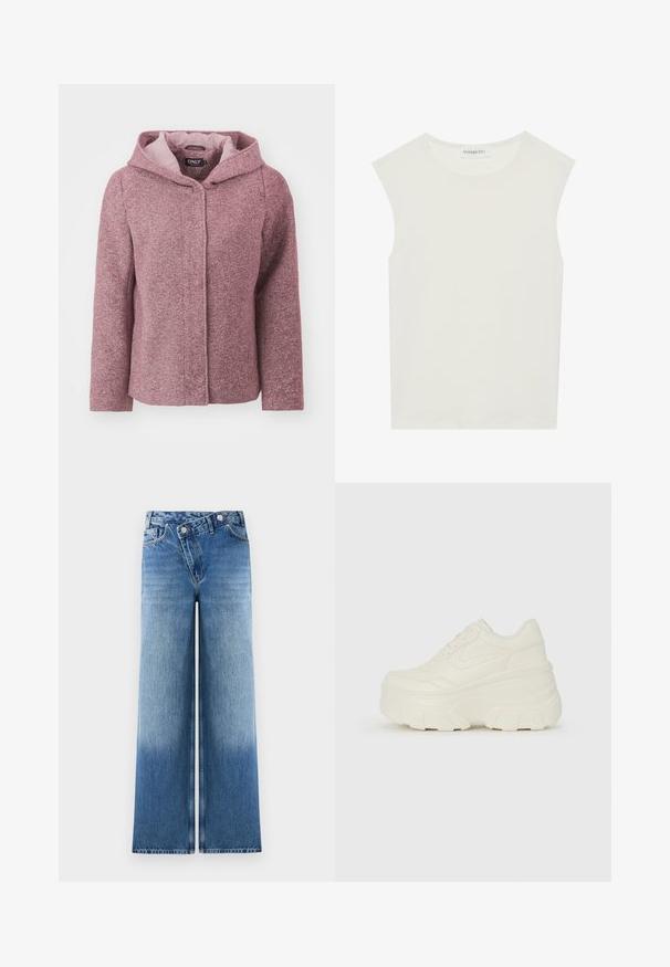 Rosa spættet hættejakke med en tekstureret finish, frontknaplukning og en kontrastfarvet indre foring. Har en afslappet pasform og lange ærmer.; Hvid ærmeløs top med rund halsudskæring. Lavet af glat stof, har den en afslappet pasform og minimalistisk design. Ingen mønstre eller accenter.; Lysblå vidde jeans med en falmet vask, der har et klassisk fem-lomme design og metalknap detaljer i taljen.; Hvide platform sneakers med en glat læderlignende overdel, rund form, polstret krave og struktureret gummisål med definerede riller.