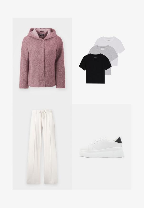 Roosa täppidega kapuutsiga jakk, millel on tekstureeritud pind, ees nuppude kinnitamine ja kontrastne sisekate. Omab vaba lõikega rinnaosa ja pikki varrukaid.; Kollektsioon kolm lühikese varrukaga T-särki mustas, hallis ja valges värvitoonis. Valmistatud puuvillast, ümmarguse kaelusega ja lihtsa, ühevärvilise disainiga.; Heledad beežid püksid, mis on valmistatud pehmest kangast, millel on paelaga vöökoht, laiad sääred ja vertikaalsed õmblused, lisaks sujuv tekstuur.; Valged platvormsneakerid, mis on valmistatud siledast sünteetilisest materjalist, ovaalse toe, paelkinnise disaini ja tekstuurse kummitaldiga. Must kontsrihm.