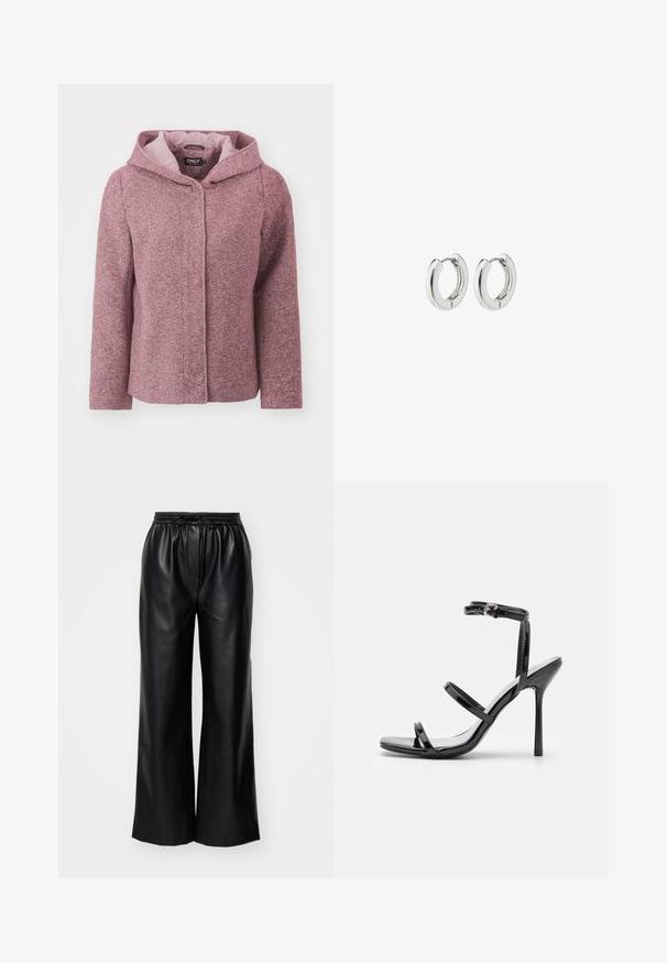 Rožinė striukė su kapuce, su tekstūruotu paviršiumi, priekiniais mygtukais ir kontrastingu pamušalu. Turi laisvą siluetą ir ilgas rankoves.; Ilga rankovė permatoma palaidinė tamsiai violetinės spalvos su tekstūriniu raštu ir blizgučiais. Tiesus apatinis kraštas ir plati iškirptė.; Juodos odinės plačios kelnės su elastinga juosta ir reguliuojama raišteliu; lygus paviršius su švariu, minimalistiniu dizainu.; Juodos lakinės odos aukštakulnės sandalai su trimis horizontaliais dirželiais ir reguliuojamu kulkšnimis dirželiu. Lieknas siluetas ir blizgus apdaila.; Sidabriniai auskarai su poliruotu paviršiumi, turintys apvalią dizaino formą ir be siūlių vyriukus, rodantys lygų paviršių.