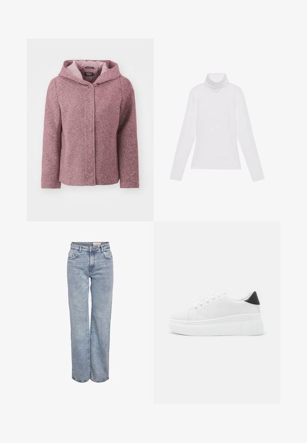Pink flecked hooded jacket with a textured finish, front button closure, and a contrasting inner lining. Features a relaxed fit and long sleeves.; White long-sleeve turtleneck top made of smooth, stretchy fabric. Features a high collar and fitted design, with no visible patterns or embellishments.; Light blue wide-leg jeans made from denim, featuring a high waist, five-pocket design, and subtle fading for a worn-in look.; White platform sneakers made of smooth synthetic material, featuring a rounded toe, lace-up design, and a textured rubber sole. Black heel accent.