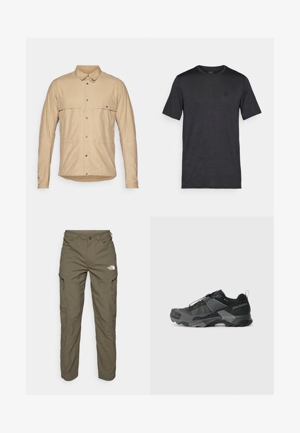 Beige långärmad skjorta med knäppt krage, två påsydda fickor, tryckknappar och ett mjukt, lätt tyg.; Svart kortärmad t-shirt gjord av mjuk, lättviktsmaterial. Har en rund halsringning och en broderad logotyp på bröstet.; Olivgrön friluftsbukser i lätt tyg med cargofickor, dragkedjedetaljer och en logotyp på övre låret.; Svart trailrunning sko med ett hållbart mesh-övre, förstärkt tåhuvud, strukturerad gummisula och elastiskt snörsystem för en säker passform.