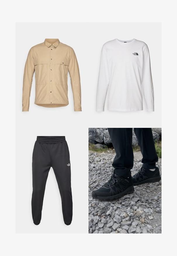 Beige, langärmliges Hemd mit etwas steifer Kragen, zwei aufgesetzten Taschen, Druckknöpfen und einem glatten, leichten Stoff.; Weißes langärmliges T-Shirt aus Baumwolle mit Rundhalsausschnitt. Verfügt über ein kleines schwarzes Logo auf der Brust. Glatte Textur, reguläre Passform.; Schwarze Jogginghose mit verstellbarem Bund, schlanker Passform, elastischen Bündchen und einem kleinen weißen Logo am linken Oberschenkel, hergestellt aus glattem Stoff.; Schwarze Outdoor-Schuhe aus Mesh und synthetischem Material, mit einer strukturierten Oberseite, gesichertem Schnürsystem und griffiger Laufsohle, auf felsigem Gelände.
