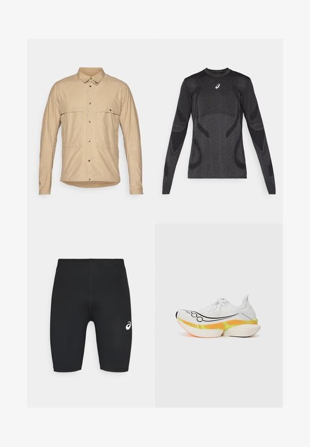 Cămașă bej cu mâneca lungă, cu guler cu nasturi, având două buzunare tip patch, nasturi cu capse și un material neted, ușor.; Tricou sportiv cu mâneci lungi, de culoare gri închis, având detalii texturate în gri deschis. Guler tip crew cu logo pe piept.; Shorts de sport negri, cu o textură netedă, design aderent și logo alb pe partea stângă. Fără buzunare vizibile sau detalii metalice.; Adidași albi pentru alergare, cu o parte superioară din plasă texturată, design cu swoosh negru și o talpă colorată, stratificată, cu accente portocalii și galbene.