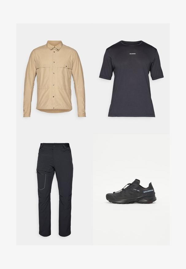 Beige, long-sleeve shirt with a buttoned collar, featuring two patch pockets, snap buttons, and a smooth, lightweight fabric.; Black short-sleeve performance t-shirt made of breathable fabric, featuring a crew neckline and small white "SALOMON" logo on the chest.; Black outdoor pants featuring a zippered thigh pocket, elastic waistband, and smooth, water-resistant fabric. Clean design with no visible logos.; Black trail running shoe with a textured upper, elastic laces, and Contagrip outsole. Features a snug fit and protective toe cap.