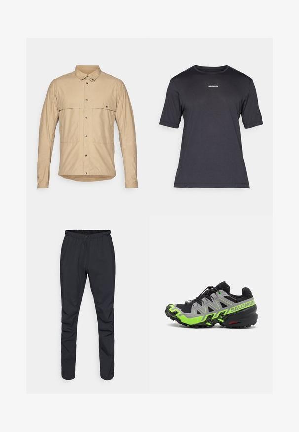 Camicia beige a maniche lunghe con colletto abbottonato, caratterizzata da due tasche a toppa, bottoni a pressione e un tessuto liscio e leggero.; Maglietta performance nera a maniche corte realizzata in tessuto traspirante, con colletto a girocollo e piccolo logo bianco "SALOMON" sul petto.; Pantaloni leggeri neri con cintura elastica, chiusura con cordoncino e gambe affusolate. Realizzati in materiale idrorepellente con una texture liscia.; Scarpe da trail running nere e grigie con dettagli verde brillante, dotate di una suola testurizzata, un sistema di allacciatura avanzato e un design robusto.