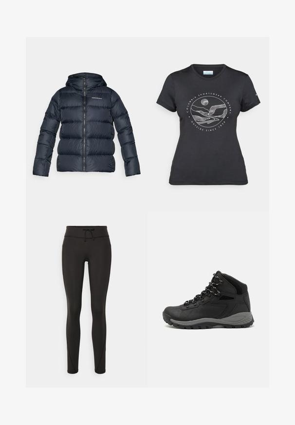 Dark blue puffer jacket with a hood, featuring horizontal quilted texture, full front zipper, and a small logo on the chest.; Black Columbia t-shirt with white circular mountain and river line art and text "Columbia Sportswear Company Outside Since 1938."; Black leggings with a high waistband, drawstring, smooth texture, and fitted design. Features stitching details along the sides.; Black hiking boot with a mid-top design, featuring a textured upper, gray accents, and durable rubber sole with traction lugs.