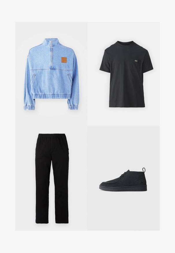 Ljusblådenimjacka med cropped passform, hög krage, halvdragkedja och elastiska ärmslut. Har ett brunt logopatch på bröstet.; Svart bomullströja med korta ärmar, rund halsringning och en liten grön logotyp på vänster bröstficka. Enkelt mönster, vanlig passform.; Svarta byxor i en blandning av bomull, med rak passform, elastisk midja med knapp och utan synliga mönster eller accenter.; Svart mocka snörning ankle boot med dragtab och strukturerad sula, med en liten präglad krokodil-logotyp på sidan.