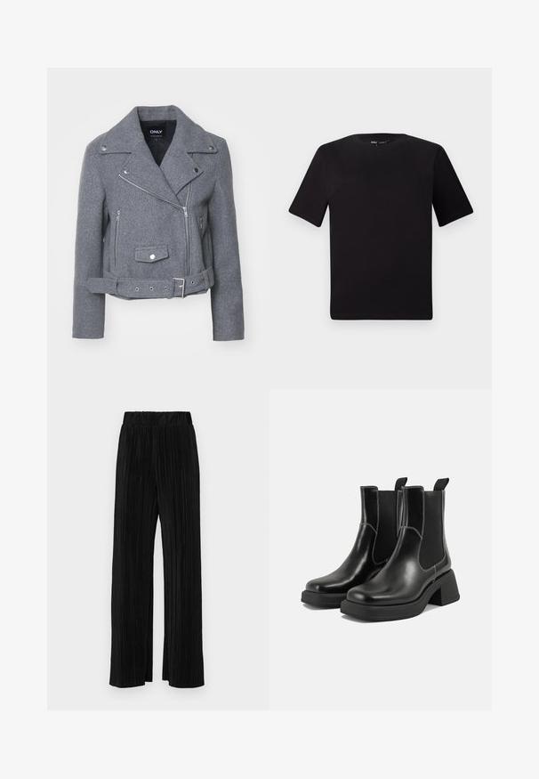 Veste de motard en mélange de laine gris avec une fermeture éclair diagonale, un col cranté et une taille ceinturée. Elle dispose de deux poches avant zippées et de quincaillerie en argent.; T-shirt noir à manches courtes avec un col rond, fabriqué en coton doux. Design simple, sans logos ni motifs visibles.; Pantalons plissés noirs avec une taille élastique. Présente des jambes larges et un tissu lisse texturé avec des rayures verticales.; Bottes Chelsea en cuir noir avec un talon épais, des panneaux latéraux élastiques et des coutures blanches contrastantes. Fini texturé.