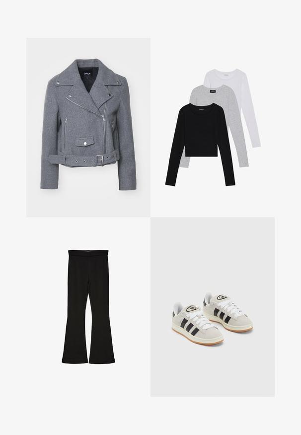 Pelēka vilnas un sintētisko šķiedru džaka ar slīpu rāvējslēdzēju, ar nazveida apkakli un jostu viduklī. Tai ir divas rāvējslēdzēju priekšējās kabatas un sudraba krāsas furnitūra.; Trīs garām piedurknēm veidotas augšdaļas, sakrautās: melna, pelēka un balta. Katram ir noapaļots kakla izgriezums un īsa dizaina forma ar gludu, vieglu audumu.; Melnas flared leggings, kas izgatavotas no stiepjama auduma. Iezīmējas ar platu jostasvietu un gludu tekstūru, ar pieguļošu siluetu, kas paplašinās pie apakšmalas.; Pelēkas zamšādas kedas ar baltām saites, melnām svītrām un baltu gumijas zoli. Raksturīga apļa logo uz mēles un gumijas zole.