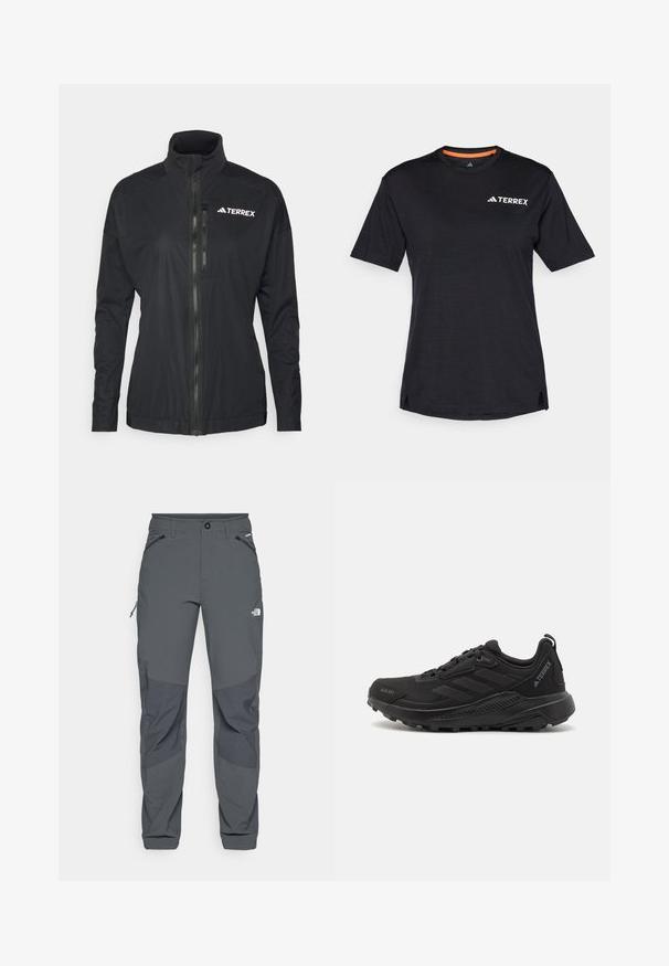 Svart Terrex-jakke har høy krage, frontglidelås og glatt, lett stoff med brodert logo på brystet.; Svart T-skjorte med kort erme og rund hals, med en subtil melert tekstur og hvit "TERREX" logo på øverste venstre side.; Mørkegrå utendørsbukser med forsterkede kneputer, glidelås i sidelommer og frontlommer, knappelukking, og The North Face-logo på låret.; Svarte treningst sneakers med teksturert syntetisk overdel, snøring, tykk gummisåle og diskrete logo-akcenter på siden og hælen.