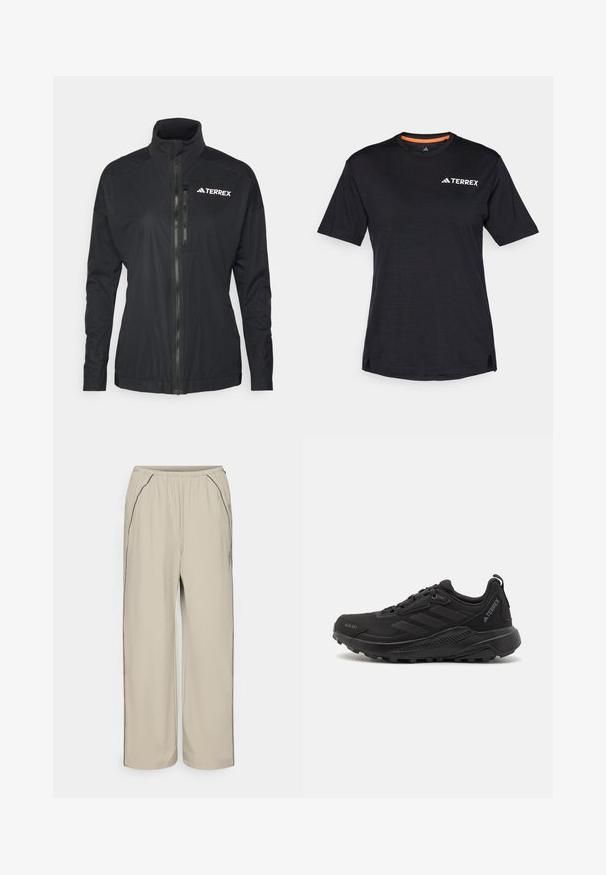 Jacheta Terrex neagră are un guler înalt, fermoar frontal și un material neted, ușor, cu un logo brodat pe piept.; Tricou negru cu mânecă scurtă, cu decolteu rotund, având o textură ușor heather și un logo alb "TERREX" pe partea superioară stângă.; Pantaloni bej, ușori, cu talie elastică, buzunare laterale și detalii cu cusături negre în contrast. Design cu picioare drepte, textură netedă.; Încălțăminte sportivă neagră cu un superior sintetic texturat, sistem de închidere cu șireturi, talpă groasă din cauciuc și accente discrete cu logo pe lateral și călcâi.