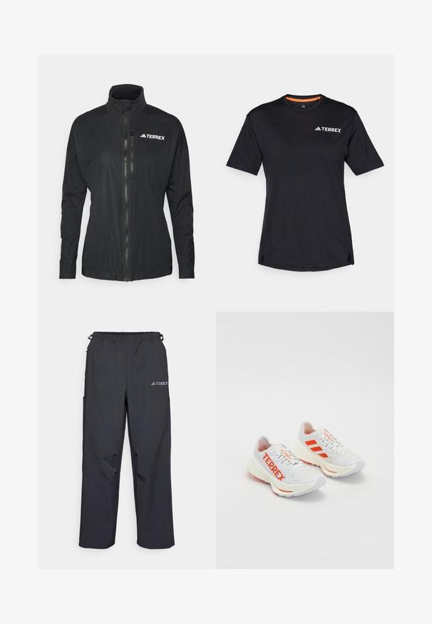 Svart Terrex-jakke har høy krage, frontglidelås og glatt, lett stoff med brodert logo på brystet.; Svart T-skjorte med kort erme og rund hals, med en subtil melert tekstur og hvit "TERREX" logo på øverste venstre side.; Sorte, lette utendørsbukser med elastisk midjebånd, sidelommer og en logo på øvre høyre bein. Glatt, vannavvisende stoff.; Hvite joggesko med oransje detaljer. Mesh-materiale, avrundet tå, og tykk såle. "TERREX" trykt på yttersiden og tre striper på hælen.