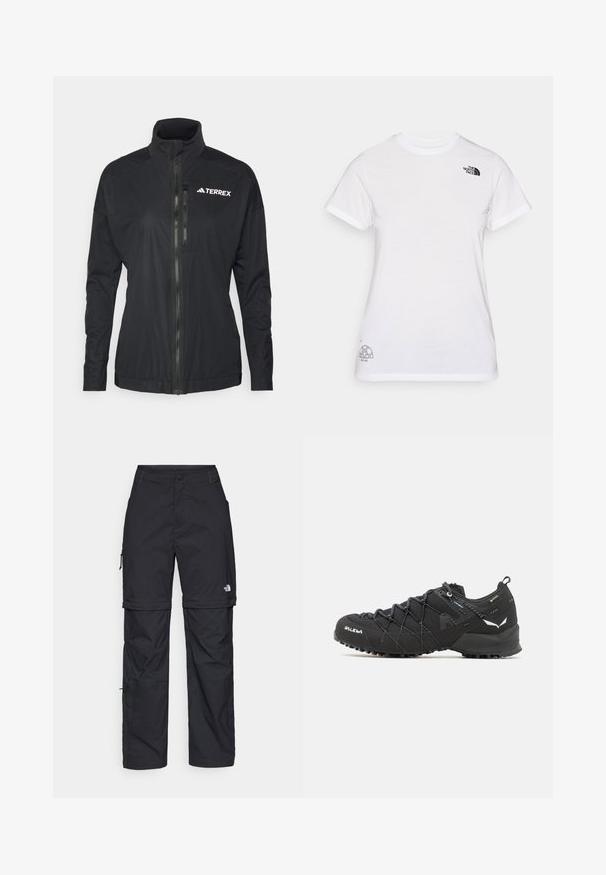 Černá bunda Terrex má vysoký límec, přední zip a hladkou, lehkou látku s vyšitým logem na hrudi.; Bílý bavlněný tričko s černým logem na levé straně hrudi a šedým grafickým designem v pravém dolním rohu. Klasický crew neck a krátké rukávy.; Černé nylonové cargo kalhoty na zip s nastavitelnými manžetami, několika kapsami a logem na pravé noze. Hladká, lehká textura.; Černé turistické boty s texturovaným tkaninovým svrškem, šněrovacím systémem a robustní gumovou podrážkou. Ozdobené reflexními detaily a logy.