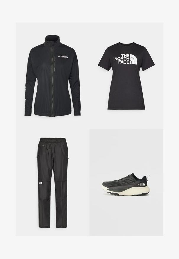 Čierna bunda Terrex má vysoký golier, predný zips a hladkú, ľahkú látku s vyšívaným logom na hrudi.; Čierne bavlnené tričko s veľkým bielym logom "THE NORTH FACE" a zakriveným akcentom. Krátke rukávy a okrúhly výstrih, hladká textúra.; Čierne vodeodolné nohavice vyrobené z ľahkej tkaniny, s elastickým pásom, bočnými vreckami a logom na ľavom stehne.; Čierna atletická obuv s textúrovaným vrchom, s šedými akcentmi a bielou medzipodrážkou. Obsahuje pútko a výrazné logo značky na päte.