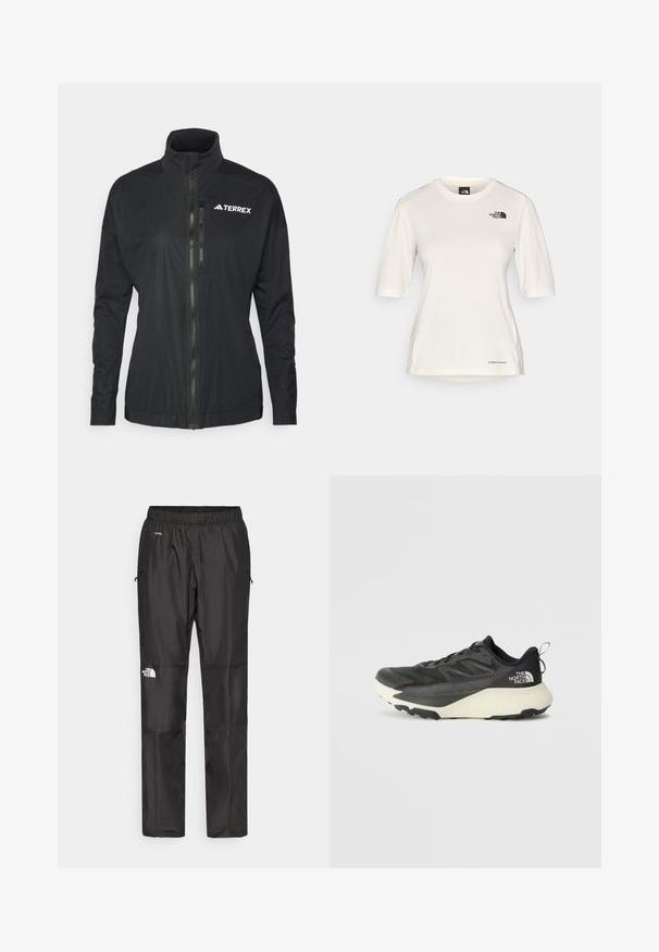 La giacca Terrex nera presenta un colletto alto, una zip frontale e un tessuto liscio e leggero con un logo ricamato sul petto.; The North Face SHADOW SHORT SLEEVE - T-Shirt sport - white dune; Pantaloni impermeabili neri realizzati in tessuto leggero, dotati di cintura elastica, tasche laterali e un logo sulla gamba sinistra.; Scarpa da ginnastica nera con tomaia testurizzata, con accenti grigi e un sottopiede bianco. Include una linguetta sul retro e un logo del marchio ben visibile sul tallone.