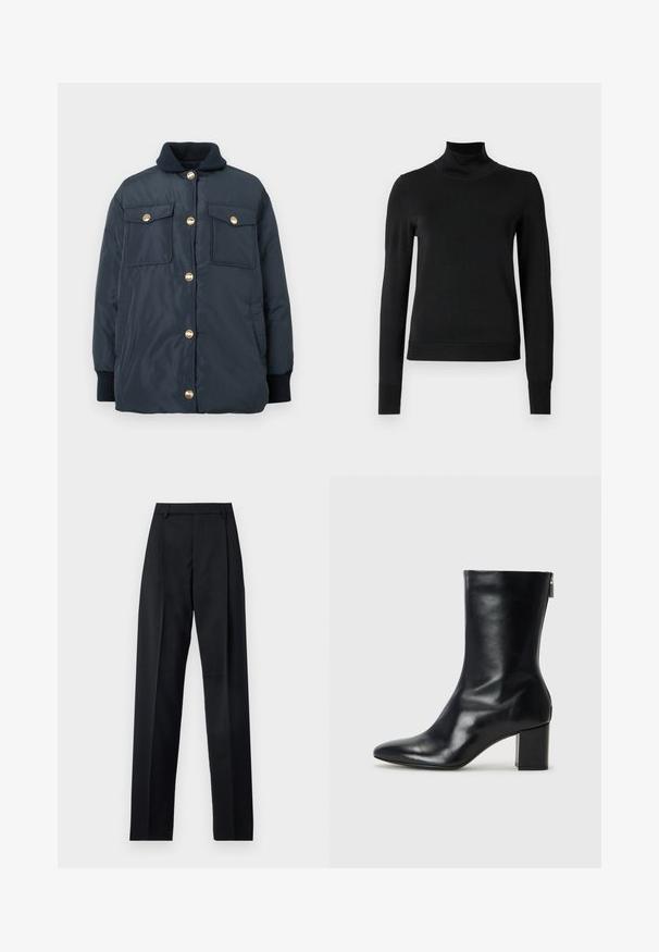 Temno modra podložena jakna z zlatimi pritisnimi gumbi, rebrastim ovratnikom in dvema sprednjima žepoma. Gladka tekstura in sproščen kroj.; Črni pulover s dolgimi rokavi in vratnikom, z rebrastimi манжетами in robom, prikazan na enobarvni beli podlagi.; Črne hlače iz gladkega materiala, ki imajo visok pas, široke noge, sprednje nabore in klasične zanke za pas. Nevidni stranski žepi.; Črne usnjene gležnjarje s koničastim nosom in 4 cm širokim peto. Elegantna zasnova vsebuje stranski zadrgo za enostavno obuvanje. Gladka tekstura.
