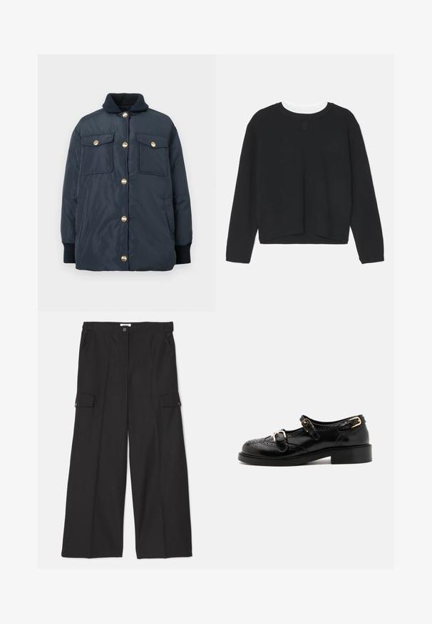 Tume sinine polsterdatud jack, millel on kuldsed nööbid, ribatud krae ja kaks eesmist taskut. Sujuv tekstuur ja mugav lõige.; Must mustreeningud, pikad varrukad, ümar kaelus ja veidi lühem hem. Valmistatud pehmest kangast, ees on peen logo detail.; Mustad laiad püksid, mis on valmistatud siledast ja vastupidavast kangast. Omab eesmistesse taskutesse ja kahte nööbiga suurtaskut.; Mustal nahast kingad brogue-tekstiiliga, millel on kaks pandla rihma, ümar varvas ja madal konts. Sujuv tekstuur ja läikiv viimistlus.
