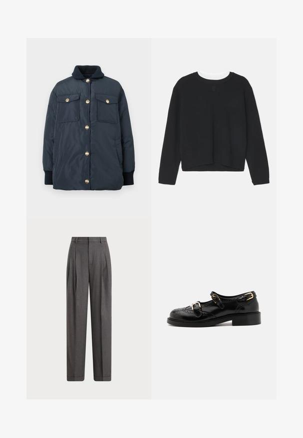 Tamsiai mėlyna paminkštinta striukė su auksiniais sagčių mygtukais, grioveliais apykaklėje ir dviem priekinėmis kišenėmis. Lygi tekstūra ir laisvas siluetas.; Juodas megztinis ilgomis rankovėmis, su apvaliame iškirpime ir šiek tiek trumpesniu apvadu. Pagamintas iš minkštos medžiagos, priekyje turi subtilų logotipą.; Pilkos pritaikytos kelnės su aukštu liemeniu, raukšlėtu dizainu ir pločiais sijonais. Pagamintos iš tekstūruotos medžiagos su lygiu paviršiumi.; Juodi odiniai batai su brogučių detalėmis, turintys dvi sagtis, apvalų nosį ir žemą kulną. Lygus paviršius su blizgiu finišu.