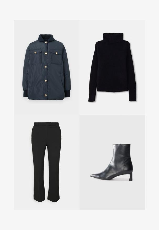 Temno modra podložena jakna z zlatimi pritisnimi gumbi, rebrastim ovratnikom in dvema sprednjima žepoma. Gladka tekstura in sproščen kroj.; Črna, debela pletena pulover z visokim, rebrastim turtleneckom in dolgimi rokavi. Mehka tekstura, ravna obroba in brez vidnih vzorcev ali okrasnih elementov.; Črne krojene hlače s ravnim krojem, z nožicami za pas in stranskimi žepi. Narejene iz gladkega materiala z čistim zaključkom.; Črne usnjene gležnjarje s šiljastim nosom in elegantnim dizajnom. Imajo nizko peto in zadrgo na zadnji strani. Gladka tekstura.