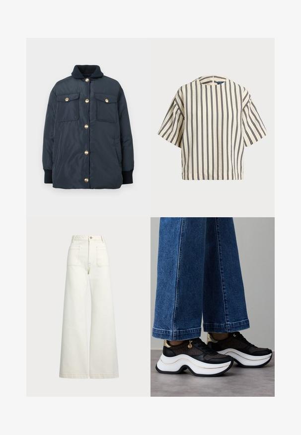 Tamno plava jakna sa podstavom, zlatnim kopčama na dugmad, rebrastim ovratnikom i dva prednja džepa. Glatka tekstura i opušteno krojenje.; Kratki rukavi, prugasti top u krem i tamnoplavoj boji, sa okruglim izrezom i kutijastim dizajnom od teksturirane tkanine.; Široke traperice u boji krem-paleža. Visoki struk s kopčanjem na dugme, dva prednja džepa i kontrastni šavovi.; Crne i zlatne tenisice s zakrivljenim bijelim potplatom. Teksturirani materijal s logotipnim detaljima. Uparen s širokim plavim trapericama.