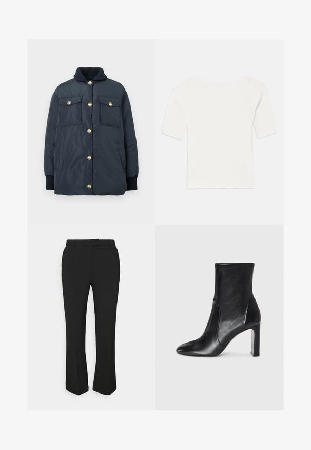 Donkerblauwe gewatteerde jas met gouden drukknoopjes, ribgebreide kraag en twee voorzakken. Gladde textuur en een ontspannen pasvorm.; Witte ribben top met korte mouwen en een brede hals. De textuur heeft verticale strepen, die een snug fit en eenvoudig ontwerp benadrukken.; Zwarte op maat gemaakte broeken met een recht gesneden ontwerp, voorzien van riemlussen en zijzakken. Gemaakt van een gladde stof met een nette afwerking.; Zwarte leren enkelboot met een slank ontwerp, spitse neus en hoge blokhak. Heeft een gladde textuur en minimalistische stikseldetails.
