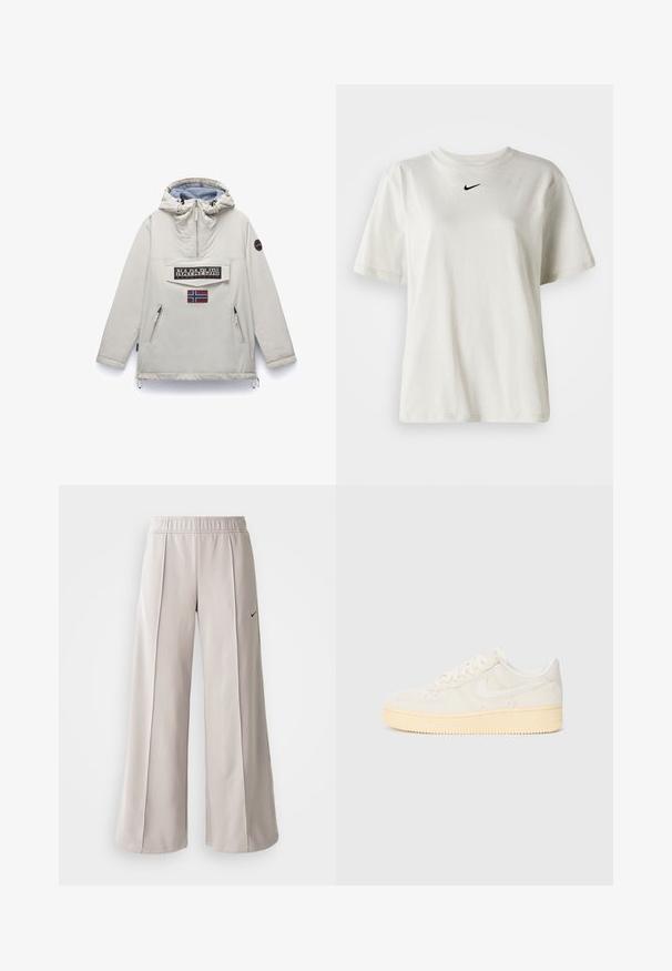 Napapijri RAINFOREST DIMITY - Skraistė - beige silver; Balta medvilnė marškinėliai su apvaliu kaklu ir trumpomis rankovėmis. Priekyje yra mažas juodas Nike logotipas. Paprastas ir nepuošnus dizainas.; Šviesiai pilki plačių kojų kelnės, pagamintos iš lygaus audinio. Turi elastingą juosmenį ir juodą Nike logotipą kairėje pusėje.; Baltos sportinės bateliai su tekstūruotu viršumi, apvaliu pirštu ir geltonu guminiu padu. Yra nedidelis logotipas ir raištelių užsegimas.