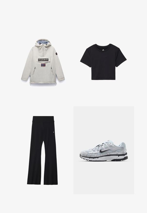 Napapijri RAINFOREST DIMITY - Poletna jakna - beige silver; Črna kratka majica s kratkimi rokavi, okroglim izrezom, izdelana iz gladkega blaga. Minimalističen dizajn brez vidnih vzorcev ali dodatkov.; Črne razširjene joga hlače iz elastičnega materiala, z širokim pasom in majhnim logotipom blizu bokov. Gladka tekstura, brez vzorcev.; Nike P-6000 športni copati z lahkim sivim mrežastim zgornjim delom, črnimi dodatki in trdim črnim gumijastim podplatom. Imajo zapleten dizajn in sistem vezalk.