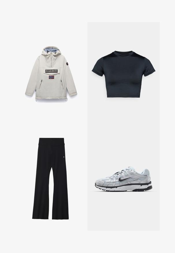 Napapijri RAINFOREST DIMITY - Nyári dzseki - beige silver; Rövid ujjú, crop fazonú, sötét tengerészkék felső, sima, rugalmas anyagból. Kerek nyakkivágással és minimális varrási részletekkel rendelkezik. Látható logó nélkül.; Fekete, bővülő szárú nadrág rugalmas anyagból, széles derékrésszel és egy kis logóval a csípőnél. Sima textúrájú és teljes hosszúságú kialakítású.; Nike P-6000 sportcipő, világosszürke hálós felsőrésszel, fekete részletekkel és tartós fekete gumitalppal. Bonyolult dizájnnal és fűzőrendszerrel rendelkezik.