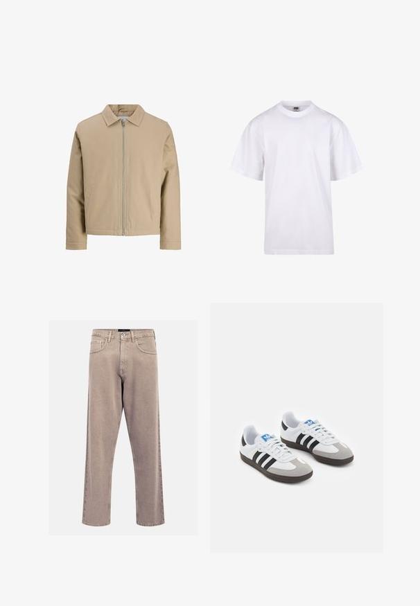 Veste courte beige en tissu lisse, avec un col pointu, fermeture éclair à l'avant et deux poches latérales. Design simple et lignes épurées.; T-shirt en coton blanc avec un col rond, des manches courtes et une coupe décontractée. Présente un design uni sans motifs ni accents.; Jeans beige à jambes droites en denim, avec un design classique à cinq poches, des accents cousus et une finition d'ourlet propre.; Baskets avec une tige en cuir blanc, un bout en daim gris et trois bandes noires. Présente un logo bleu sur la languette et une semelle en caoutchouc texturée.