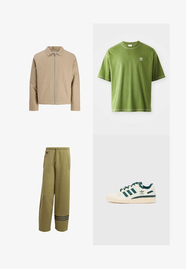 Bež kratki kaput od glatkog materijala, s oštrim ovratnikom, prednjim zatvaračem i dva bočna džepa. Jednostavan dizajn i čiste linije.; Zelena majica s kratkim rukavima od pamuka, s okruglim izrezom i malim bijelim Adidas logom na lijevoj strani prsnog dijela. Bijeli šavovi kao akcenti.; Maslinasto zelene trenirke izrađene od mekog materijala, sa dva bočna džepa i crnim dizajnom s tri pruge na rubu. Struk sa vezicom.; Bijela tenisica s zelenim akcentima. Ima tri zelene pruge, teksturirani vrh čarape i logo sa strane. Gumeni potplat s teksturiranim uzorkom.