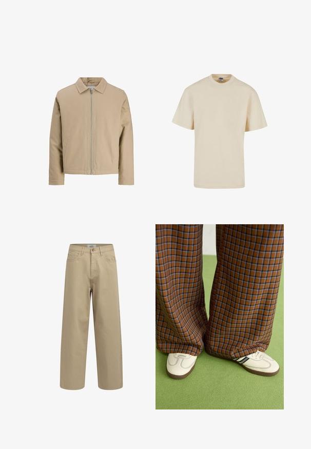 Beige kurze Jacke aus glattem Stoff, mit Reverskragen, Frontreißverschluss und zwei Seitentaschen. Einfaches Design und klare Linien.; Beige Baumwoll-T-Shirt mit Rundhalsausschnitt und kurzen Ärmeln, das einen lockeren Schnitt und minimale Nahtdetails aufweist. Lässiges und vielseitiges Design.; Beige weite Hosen aus Baumwollstoff. Mit Knopfverschluss, Gürtelschlaufen und Vordertaschen. Glatte Textur ohne sichtbare Muster.; Braun und blaue Karohosen mit weitem Bein, kombiniert mit weißen Schuhen mit schwarzen Akzenten und strukturierten Sohlen, vor einem grünen Hintergrund.