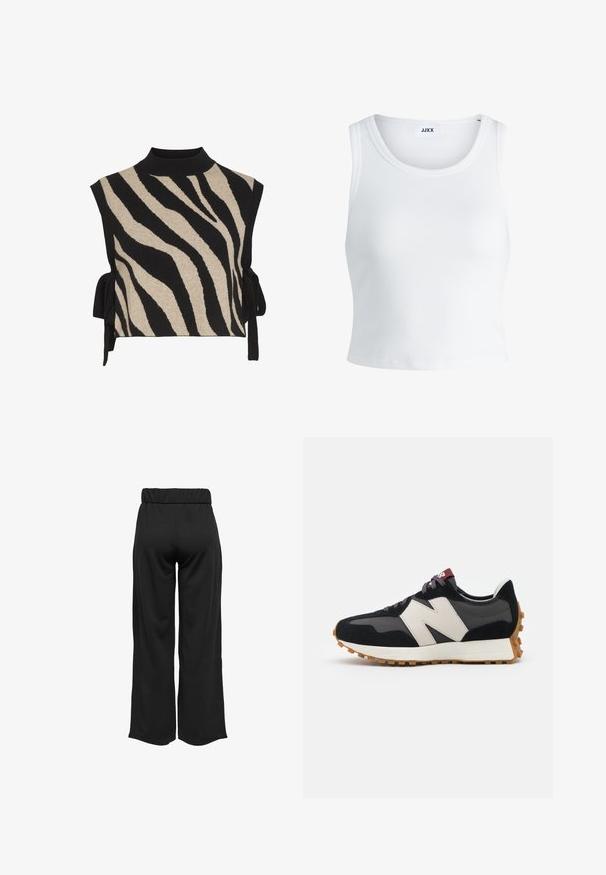 VILA VIRIL COLLAR - Capa - black/beige; Top curto branco com nervuras, apresentando um decote redondo, design sem mangas e um comprimento cropped. Rótulo lê "JJXX." Textura de tecido suave.; Calças largas e pretas com uma cinta elástica, feitas de um tecido suave. Apresentam um design limpo, sem bolsos ou detalhes de costura visíveis.; Sneaker em camurça preta e cinza com um grande logótipo "N" creme, cordões roxos e uma sola de borracha texturizada em cor de goma.