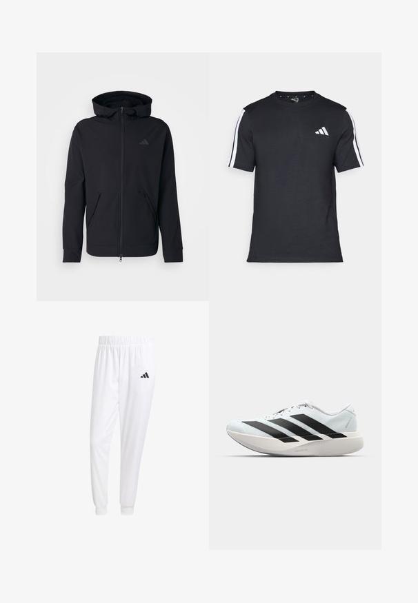 Crna zip-up dukserica glatke teksture, s podesivom kapuljačom i dva prednja džepa. Ima diskretan logo na prsima.; Crna majica od pamuka s kratkim rukavima, koja ima bijele pruge na ramenima i bijeli logo na lijevoj strani prsiju.; Bijele atletske hlače od glatkog materijala, sa elastičnom vrpcom u struku i pripijenim manžetama, sa crnim logom na stražnjem džepu.; Lagane tenisice za trčanje u svijetloplavoj boji s crnim trakama. Imaju glatku gornju površinu, okrugli vrh i debeli bijeli srednji sloj označen "LIGHTSTRIKE PRO."