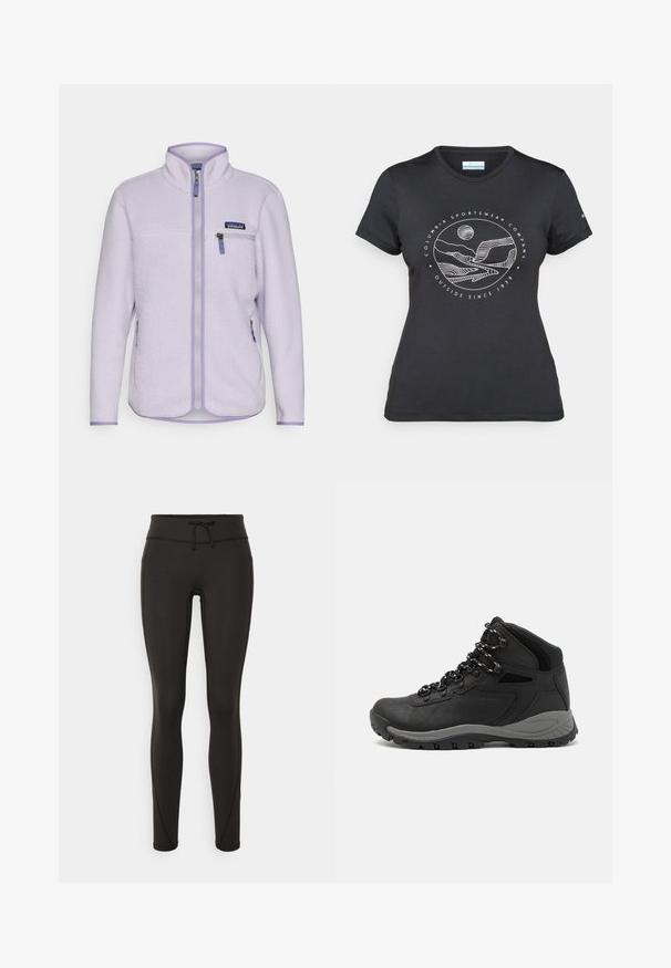 Ljuslila fleecejacka med hög krage, dragkedjestängning och kontrasterande dragkedjedetaljer. Har en bröstficka och sidofickor.; Svart Columbia-t-shirt med vit cirkulär linjekonst av berg och flod samt texten "Columbia Sportswear Company Outside Since 1938."; Svarta leggings med hög midja, snörning, slät textur och figurnära design. Har sömnadsdetaljer längs sidorna.; Svart vandringskänga med mellanhög design, som har en texturerad överdel, grå accenter och en slitstark gummisula med greppklackar.